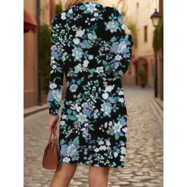 Women's Plus Size 3D All-Over Print Black & Multicolor Tulip Flower Sweatshirt - Soft Retro Loose-Fit Pullover, Round Neck Long Sleeve Winter Warmth, Machine Washable Casual & Semi-Formal Outfits, Vibrant Turquoise/Purple/White/Pink/Black H-Line Sweater