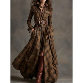 Large Size Women'S New Retro Plaid Casual Flip Tie Belt Dress | SCACTO Peplum Style with Medium Stretch Fabric, Lapel Collar, Ideal for Fall/Winter