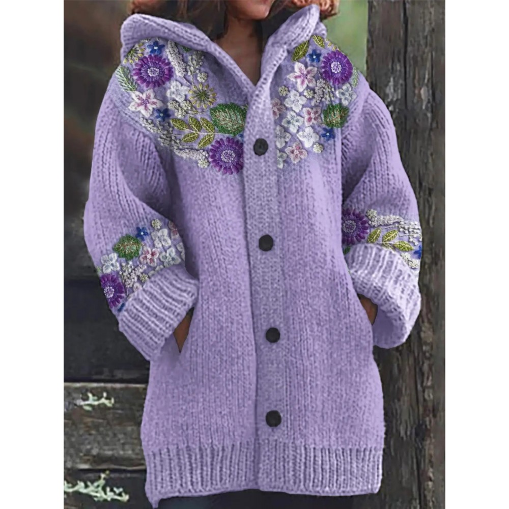Women'S Winter Hooded Sweater with All-Over Digital Print - Soft Long Sleeve Button-Front Sweater, V-Neck Casual Streetwear Top, Cozy Fall & Winter Sweater for Women, Trendy Multicolor Printed Sweater for Everyday Outfits, Cropped Sweaters for Women