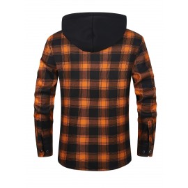 Trendy Men's Plaid Hooded Jacket - Thick Warm, Windproof & Cold-Resistant, Slim Fit, Vintage Style, Black & Red Geometric Pattern, Single-Breasted Button Front, Long Sleeve, Casual & Versatile for Winter Outings, Casual Winter Wear