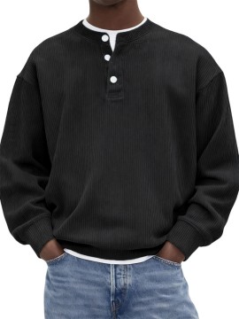 Men's Corduroy Henley Shirt| Soft Texture Classic Cut Fitted Style| Year-Round Casual Fashion Ribbed Pullover Long Sleeve Shirt for Business Trip and Networking Event Occasions| Structured Wear